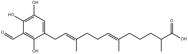 (6E,10E)-12-(3-ホルミル-2,4,5-トリヒドロキシフェニル)-2,6,10-トリメチル-6,10-ドデカジエン酸 化学構造式