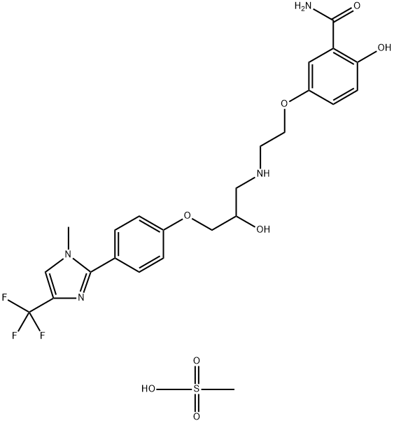 2-ヒドロキシ-5-[2-[[2-ヒドロキシ-3-[4-[1-メチル-4-(トリフルオロメチル)-1H-イミダゾール-2-イル]フェノキシ]プロピル]アミノ]エトキシ]ベンズアミド·メタンスルホン酸 化学構造式