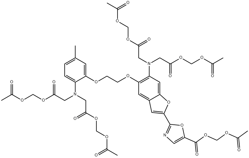 2-[6-[ビス(ヒドロキシカルボニルメチル)アミノ]-5-[2-[2-[ビス(ヒドロキシカルボニルメチル)アミノ]-5-メチルフェノキシ]エトキシ]-2-ベンゾフラニル]-5-オキサゾールカルボン酸アセトキシメチル 化学構造式