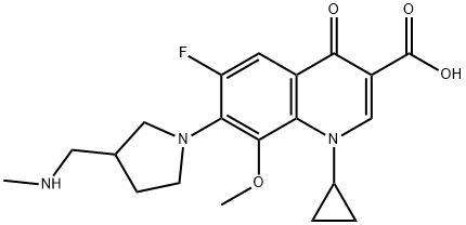 1,4-ジヒドロ-1-シクロプロピル-4-オキソ-6-フルオロ-8-メトキシ-7-[3-(メチルアミノメチル)ピロリジン-1-イル]キノリン-3-カルボン酸 化学構造式
