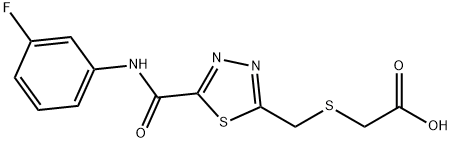 {[(5-{[(3-フルオロフェニル)アミノ]カルボニル}-1,3,4-チアジアゾール-2-イル)メチル]チオ}酢酸 化学構造式