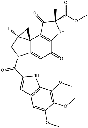 (6R,7bR,8aS)-1,2,4,5,6,7,8,8aβ-オクタヒドロ-6-メチル-4,7-ジオキソ-2-(5,6,7-トリメトキシ-1H-インドール-2-イルカルボニル)シクロプロパ[c]ピロロ[3,2-e]インドール-6β-カルボン酸メチル 化学構造式