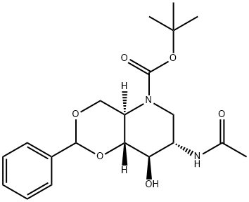 2-アセトアミド-4,6-O-ベンジリデン-N-(TERT-ブチルトキシカルボニル)-1,2,5-トリデオキシ-1,5-イミノ-D-グルシトール 化学構造式