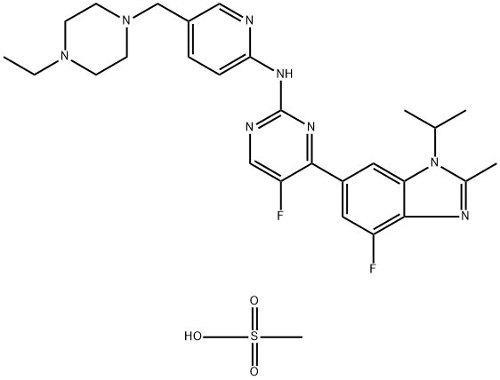 メタンスルホン酸N-[5-[(4-エチル-1-ピペラジニル)メチル]-2-ピリジニル]-5-フルオロ-4-[4-フルオロ-2-メチル-1-(1-メチルエチル)-1H-ベンズイミダゾール-6-イル]-2-ピリミジンアミン 化学構造式