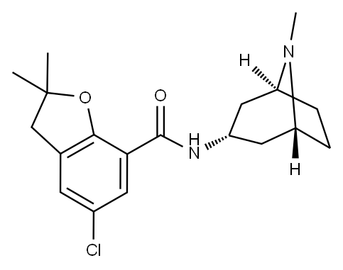 5-クロロ-2,3-ジヒドロ-2,2-ジメチル-N-[(1R,5S)-8-メチル-8-アザビシクロ[3.2.1]オクタン-3α-イル]ベンゾフラン-7-カルボアミド 化学構造式