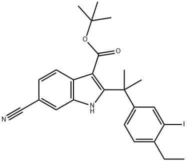 6-シアノ-2-[2-(4-エチル-3-ヨードフェニル)プロパン-2-イル]-1H-インドール-3-カルボン酸=tert-ブチル 化学構造式