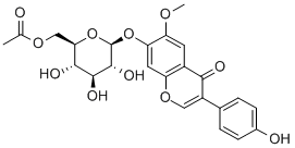 [3-(4-ヒドロキシフェニル)-4-オキソ-6-メトキシ-4H-1-ベンゾピラン-7-イル]6-O-アセチル-β-D-グルコピラノシド 化学構造式