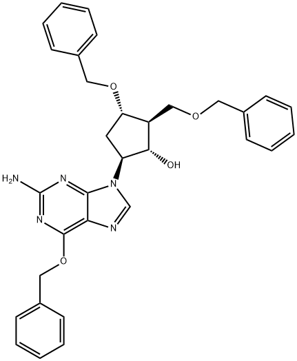 (1S,2S,3S,5S)-5-(2-氨基-6-苄氧基-9H-嘌呤-9-基)-3-苄氧基-2-苄氧基甲基环戊醇, 142217-77-4, 结构式