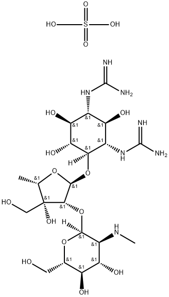 4-O-[2-O-[2-(メチルアミノ)-2-デオキシ-α-L-グルコピラノシル]-5-デオキシ-3-(ヒドロキシメチル)-α-L-リキソフラノシル]-N,N'-ジアミジノ-D-ストレプタミン/硫酸塩,(1:x) 化学構造式