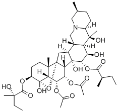 4α,9-エポキシセバン-3β,4,6α,7α,14,15α,16β,20-オクタオール6,7-ジアセタート3-[(S)-2-ヒドロキシ-2-メチルブタノアート]15-[(R)-2-メチルブタノアート] 化学構造式