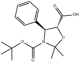 (4S,5R)-3-(tert-ブトキシカルボニル)-2,2-ジメチル-4-フェニル-1,3-オキサゾリジン-5-カルボン酸 化学構造式