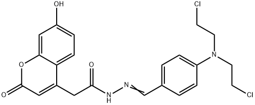 N-[[4-[bis(2-chloroethyl)amino]phenyl]methylideneamino]-2-(7-hydroxy-2 -oxo-chromen-4-yl)acetamide Structure