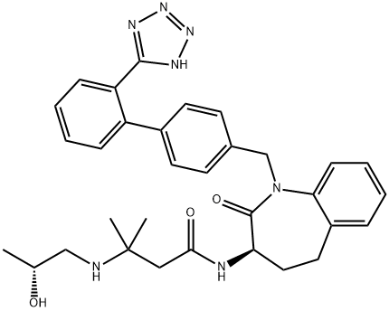 (3R)-1,3,4,5-テトラヒドロ-1-[4-[2-(2H-テトラゾール-5-イル)フェニル]ベンジル]-3-[[3-[[(R)-2-ヒドロキシプロピル]アミノ]-3-メチルブチリル]アミノ]-2H-1-ベンゾアゼピン-2-オン 化学構造式