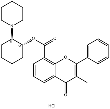 4H-1-Benzopyran-8-carboxylic acid, 3-methyl-4-oxo-2-phenyl-, 2-(1-pipe ridinyl)cyclohexyl ester, hydrochloride, trans-(+-)- Structure