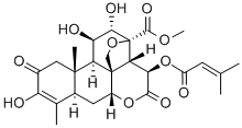 13,20-エポキシ-3,11β,12α-トリヒドロキシ-15β-[(3-メチル-1-オキソ-2-ブテニル)オキシ]-2,16-ジオキソピクラサ-3-エン-21-酸メチル 化学構造式