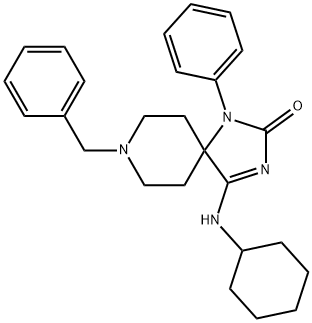 1,3,8-Triazaspiro[4.5]dec-3-en-2-one, 4-(cyclohexylaMino)-1-phenyl-8-(phenylMethyl)- Structure