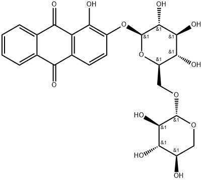 1-ヒドロキシ-2-(6-O-β-D-キシロピラノシル-β-D-グルコピラノシルオキシ)-9,10-アントラキノン 化学構造式