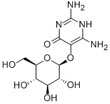 2,6-ジアミノ-5-[(β-D-グルコピラノシル)オキシ]ピリミジン-4(1H)-オン 化学構造式
