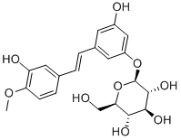 (E)-3-(β-D-グルコピラノシルオキシ)-4'-メトキシスチルベン-5,5'-ジオール 化学構造式