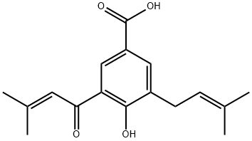 4-Hydroxy-3-(3-methyl-2-buteyl)-
5-(3-methyl-2-butenyl)benzoic acid Structure