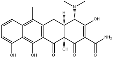 (4R)-4α-(ジメチルアミノ)-1,4,4aβ,5,12,12a-ヘキサヒドロ-3,10,11,12aβ-テトラヒドロキシ-6-メチル-1,12-ジオキソ-2-ナフタセンカルボアミド 化学構造式
