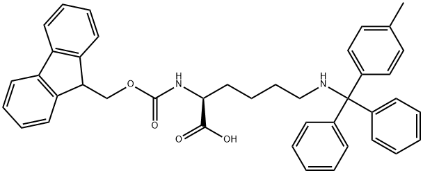 Nα-[(9H-フルオレン-9-イルメトキシ)カルボニル]-Nε-(4-メチルトリチル)-L-リジン 化学構造式