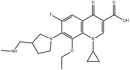 1,4-ジヒドロ-1-シクロプロピル-4-オキソ-6-フルオロ-8-エトキシ-7-[3-(メチルアミノメチル)ピロリジン-1-イル]キノリン-3-カルボン酸 化学構造式