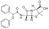 (6R)-6-[(α-フェノキシベンジル)カルボニルアミノ]ペニシラン酸 化学構造式