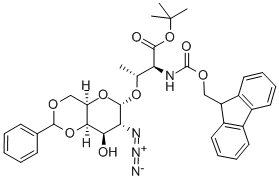O-(2-アジド-4,6-O-ベンジリデン-2-デオキシ-α-D-ガラクトピラノシル)-N-[(9H-フルオレン-9-イルメトキシ)カルボニル]-L-トレオニン tert-ブチル 化学構造式