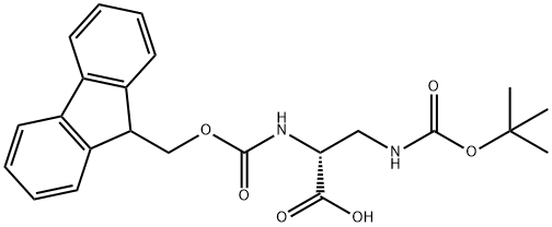 N-(9H-フルオレン-9-イルメトキシカルボニル)-3-(tert-ブトキシカルボニルアミノ)-D-アラニン 化学構造式
