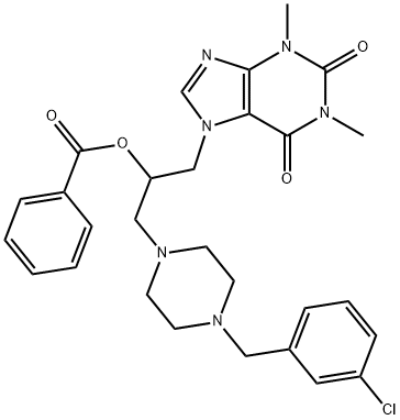 3-[4-(m-クロロベンジル)-1-ピペラジニル]-1-(1,2,3,6-テトラヒドロ-1,3-ジメチル-2,6-ジオキソ-7H-プリン-7-イル)プロパン-2-オールベンゾアート 化学構造式