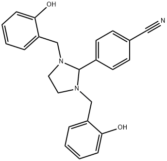 4-[1,3-ビス(2-ヒドロキシベンジル)イミダゾリジン-2-イル]ベンゾニトリル 化学構造式