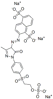 trisodium 2-[[4,5-dihydro-3-methyl-5-oxo-1-[4-[[2-(sulphonatooxy)ethyl]sulphonyl]phenyl]-1H-pyrazol-4-yl]azo]naphthalene-1,5-disulphonate Structure