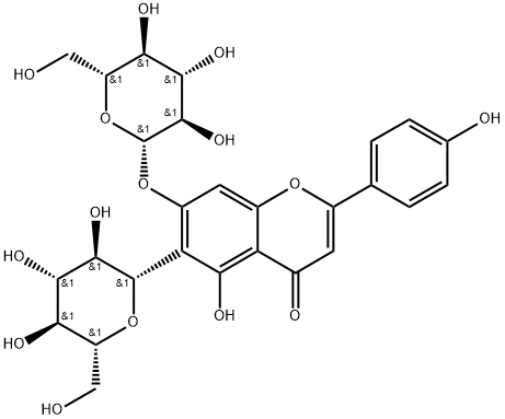 4',5-ジヒドロキシ-6-β-D-グルコピラノシル-7-(β-D-グルコピラノシルオキシ)フラボン 化学構造式