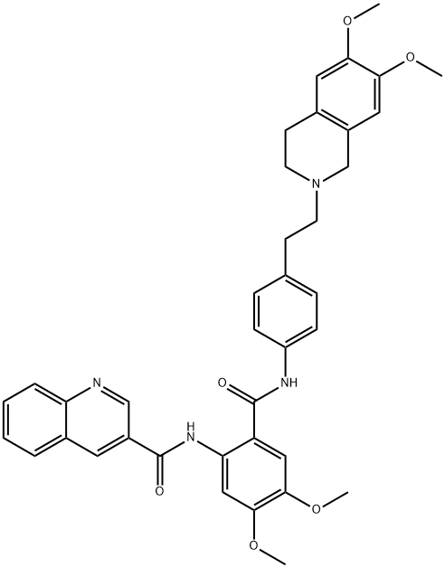 N-[2-[[4-[2-(6,7-二甲氧基-3,4-二氢-1H-异喹啉-2-基)乙基]苯基]氨基甲酰基]-4,5-二甲氧基苯基]喹啉-3-甲酰胺, 206873-63-4, 结构式