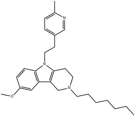 2,3,4,5-テトラヒドロ-2-ヘプチル-8-メトキシ-5-[2-(6-メチル-3-ピリジル)エチル]-1H-ピリド[4,3-b]インドール 化学構造式