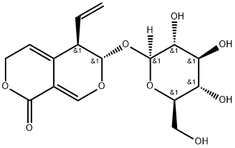6α-(β-D-グルコピラノシルオキシ)-5,6-ジヒドロ-5β-ビニル-1H,3H-ピラノ[3,4-c]ピラン-1-オン 化学構造式