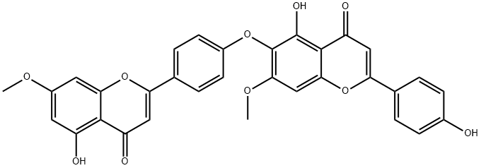 5-Hydroxy-6-[4-(5-hydroxy-7-methoxy-4-oxo-4H-1-benzopyran-2-yl)phenoxy]-2-(4-hydroxyphenyl)-7-methoxy-4H-1-benzopyran-4-one Struktur