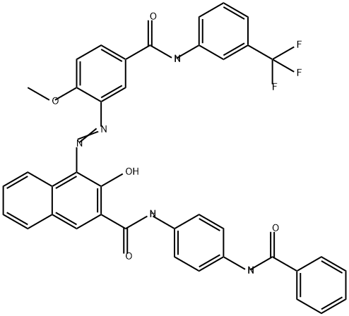 N-[4-(ベンゾイルアミノ)フェニル]-3-ヒドロキシ-4-[[2-メトキシ-5-[[[3-(トリフルオロメチル)フェニル]アミノ]カルボニル]フェニル]アゾ]-2-ナフタレンカルボアミド 化学構造式