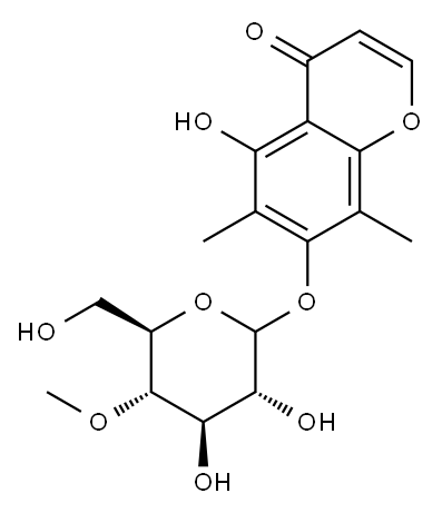 5-ヒドロキシ-6,8-ジメチル-7-[(4-O-メチル-D-グルコピラノシル)オキシ]-4H-1-ベンゾピラン-4-オン 化学構造式
