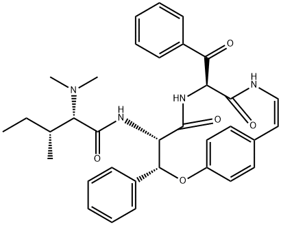 (2S,3R)-N-[(3R,4S,7S)-7-ベンゾイル-5,8-ジオキソ-3-フェニル-2-オキサ-6,9-ジアザビシクロ[10.2.2]ヘキサデカ-10,12,14(1),15-テトラエン-4-イル]-2-(ジメチルアミノ)-3-メチルペンタンアミド 化学構造式