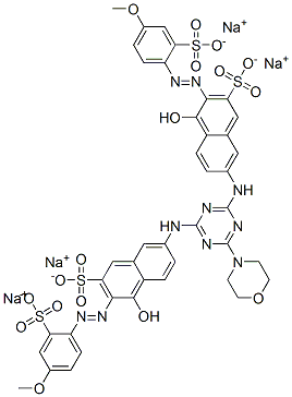 tetrasodium 7,7'-[[6-(morpholin-4-yl)-1,3,5-triazine-2,4-diyl]diimino]bis[4-hydroxy-3-[(4-methoxy-2-sulphonatophenyl)azo]naphthalene-2-sulphonate] Structure