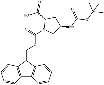 (4S)-1-(9H-フルオレン-9-イルメトキシカルボニル)-4α-(tert-ブトキシカルボニルアミノ)プロリン 化学構造式