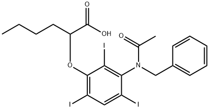 2-[[3-(N-ベンジルアセチルアミノ)-2,4,6-トリヨードフェニル]オキシ]ヘキサン酸 化学構造式