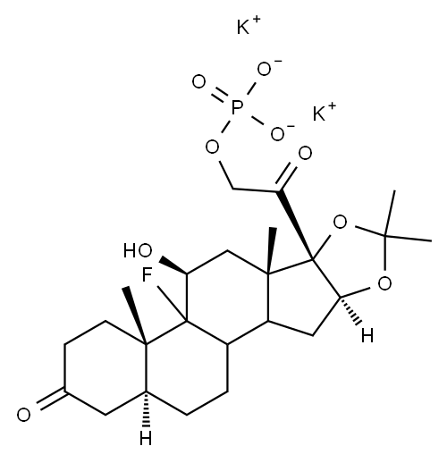 Pregnane-3,20-dione, 9-fluoro-11-hydroxy-16,17-[(1-methylethylidene)bis(oxy)]-21-(phosphonooxy)-, dipotassium salt, (5alpha,11beta,16alpha)- Struktur