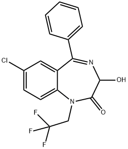 rac-(3R*)-7-クロロ-1,3-ジヒドロ-3β*-ヒドロキシ-5-フェニル-1-(2,2,2-トリフルオロエチル)-2H-1,4-ベンゾジアゼピン-2-オン 化学構造式