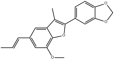 5-[7-メトキシ-3-メチル-5-[(E)-1-プロペニル]ベンゾフラン-2-イル]-1,3-ベンゾジオキソール 化学構造式