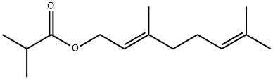 イソ酪酸[(E)-3,7-ジメチル-2,6-オクタジエン-1-イル] 化学構造式