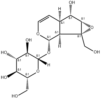 [(1aS)-1a,1bα,2,5aα,6,6aβ-ヘキサヒドロ-6α-ヒドロキシ-1a-(ヒドロキシメチル)オキシレノ[4,5]シクロペンタ[1,2-c]ピラン-2α-イル]β-D-グルコピラノシド 化学構造式