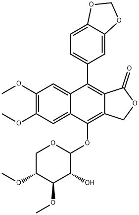9-(1,3-ベンゾジオキソール-5-イル)-4-[(3-O,4-O-ジメチル-D-キシロピラノシル)オキシ]-6,7-ジメトキシナフト[2,3-c]フラン-1(3H)-オン 化学構造式